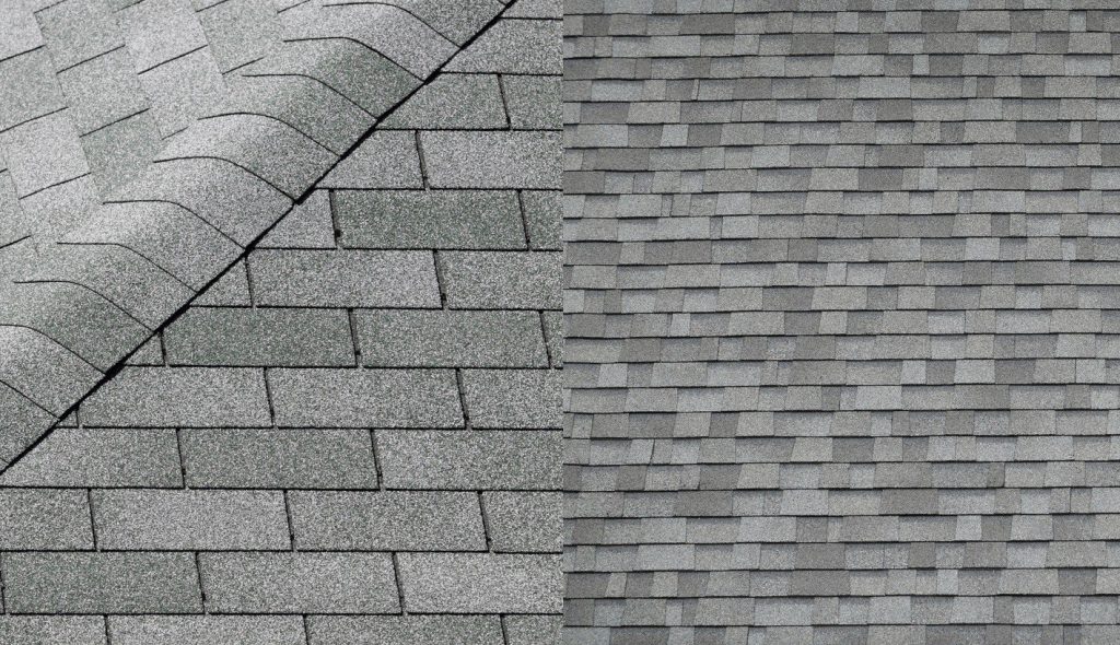 Before and after comparison of storm-damaged shingles replaced with new architectural shingles